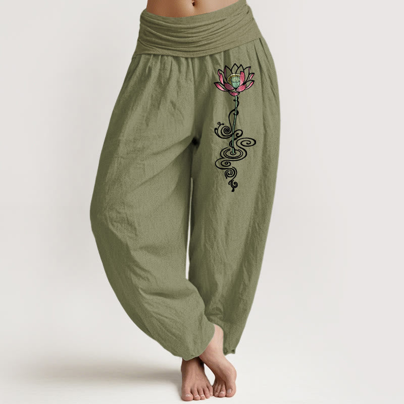 Pantalon harem pour femme en pur coton à motif de fleur de lotus simple et Buddha Stones, taille élastique - Vert olive - US16，UK/AU20，EU48 (3XL) - image 14