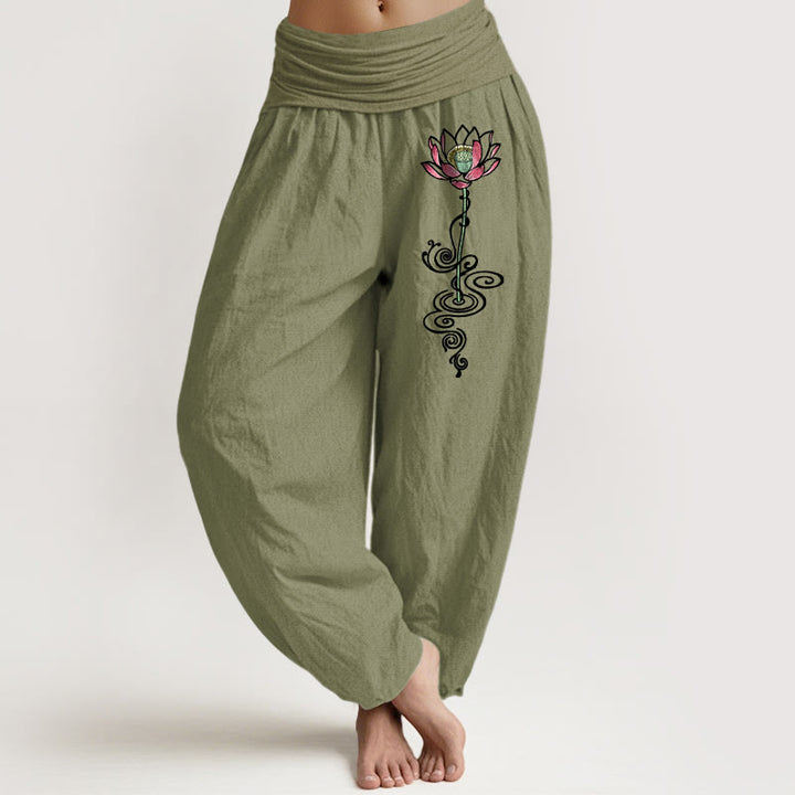 Pantalon harem pour femme en pur coton à motif de fleur de lotus simple et Buddha Stones, taille élastique - Vert olive - US16，UK/AU20，EU48 (3XL) - image 14