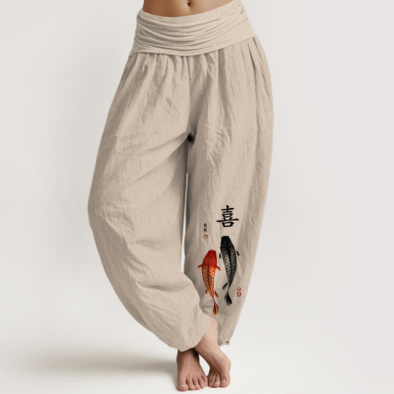 Pantalon harem pour femme en pur coton à taille élastique, motif concis de carpes koï et caractères chinois, Buddha Stones - Tanné - US16，UK/AU20，EU48 (3XL) - image 0