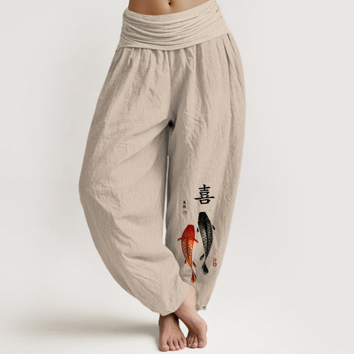 Pantalon harem pour femme en pur coton à taille élastique, motif concis de carpes koï et caractères chinois, Buddha Stones - Tanné - US16，UK/AU20，EU48 (3XL) - image 0