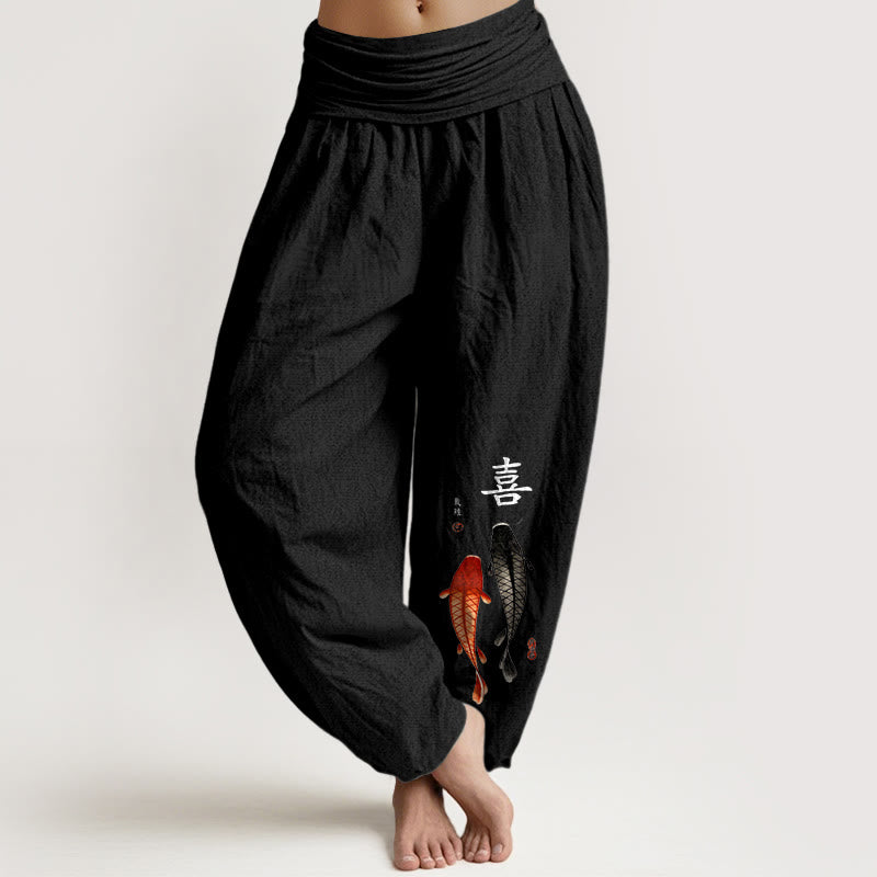 Pantalon harem pour femme en pur coton à taille élastique, motif concis de carpes koï et caractères chinois, Buddha Stones - Noir - US16，UK/AU20，EU48 (3XL) - image 5