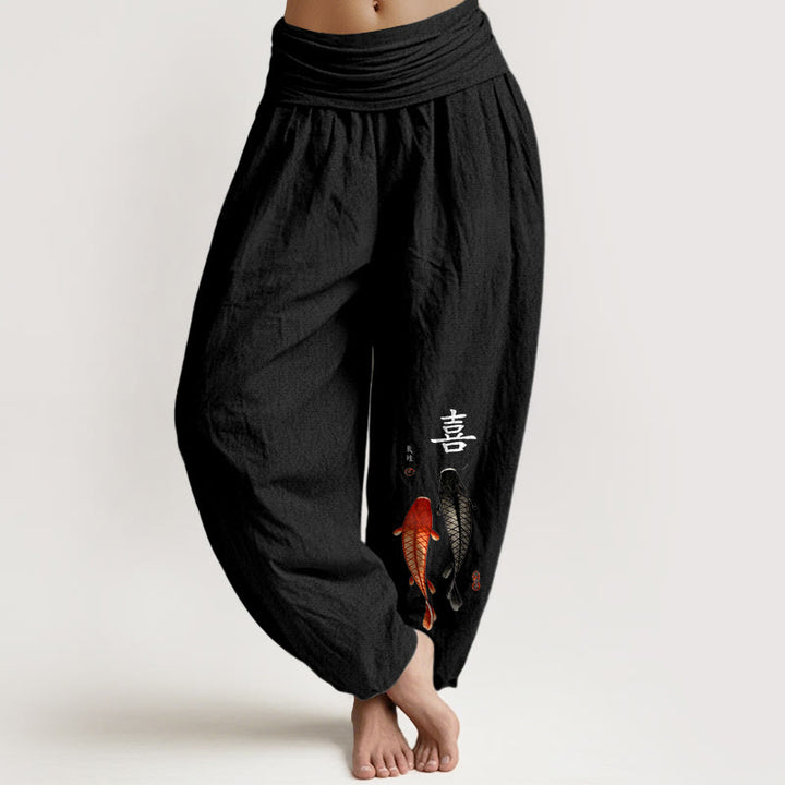 Pantalon harem pour femme en pur coton à taille élastique, motif concis de carpes koï et caractères chinois, Buddha Stones - Noir - US16，UK/AU20，EU48 (3XL) - image 5