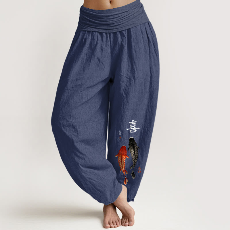 Pantalon harem pour femme en pur coton à taille élastique, motif concis de carpes koï et caractères chinois, Buddha Stones - Bleu ardoise foncé - US16，UK/AU20，EU48 (3XL) - image 8