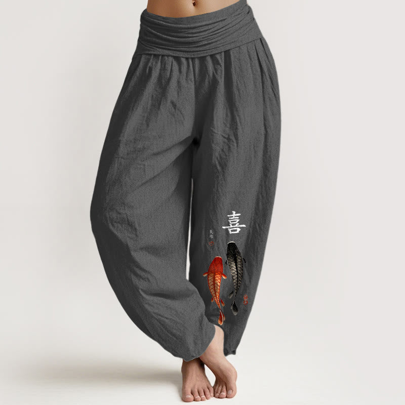 Pantalon harem pour femme en pur coton à taille élastique, motif concis de carpes koï et caractères chinois, Buddha Stones - Gris sombre - US16，UK/AU20，EU48 (3XL) - image 11