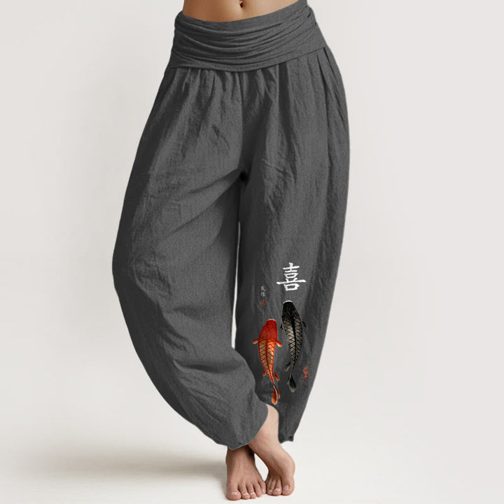 Pantalon harem pour femme en pur coton à taille élastique, motif concis de carpes koï et caractères chinois, Buddha Stones - Gris sombre - US16，UK/AU20，EU48 (3XL) - image 11