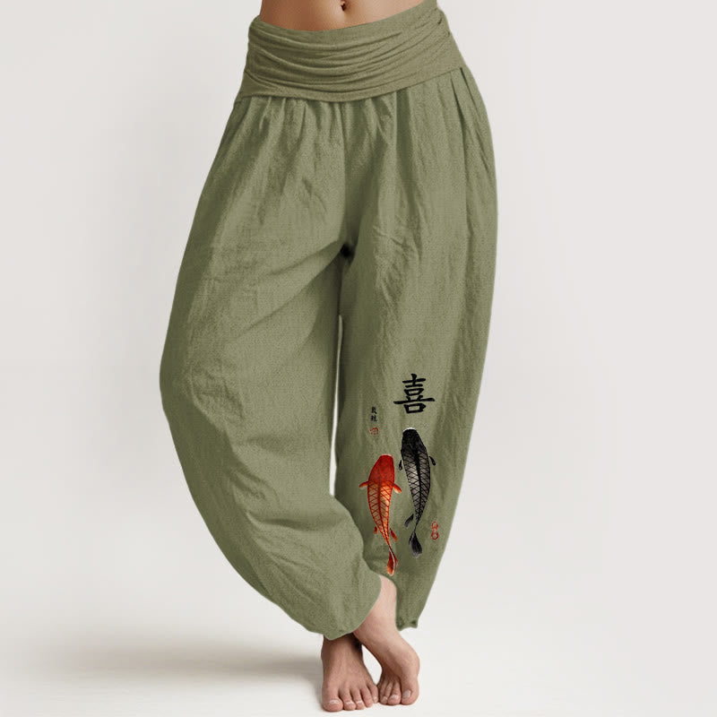 Pantalon harem pour femme en pur coton à taille élastique, motif concis de carpes koï et caractères chinois, Buddha Stones - Vert olive - US16，UK/AU20，EU48 (3XL) - image 14