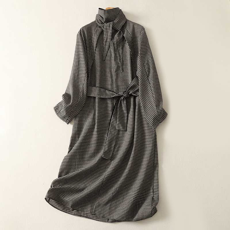 Robe midi à carreaux noirs et blancs Buddha Stones, col montant, laçage, manches longues et poches - Noir - US14，UK/AU18，EU46 (2XL) - image 0