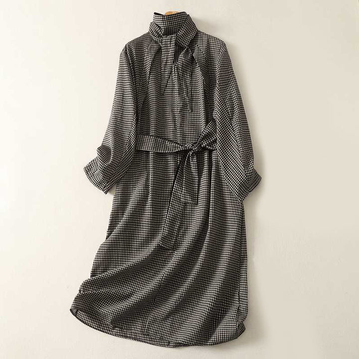 Robe midi à carreaux noirs et blancs Buddha Stones, col montant, laçage, manches longues et poches - Noir - US14，UK/AU18，EU46 (2XL) - image 0