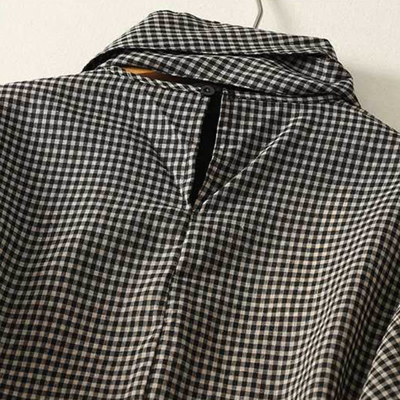 Robe midi à carreaux noirs et blancs Buddha Stones, col montant, laçage, manches longues et poches - image 3