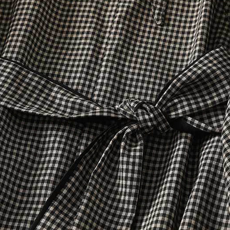 Robe midi à carreaux noirs et blancs Buddha Stones, col montant, laçage, manches longues et poches - image 4