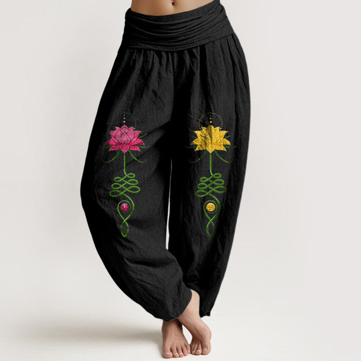 Pantalon harem femme en pur coton à motif de fleurs de lotus et Buddha Stones, taille élastique, couleurs contrastées. - Noir - US16，UK/AU20，EU48 (3XL) - image 0