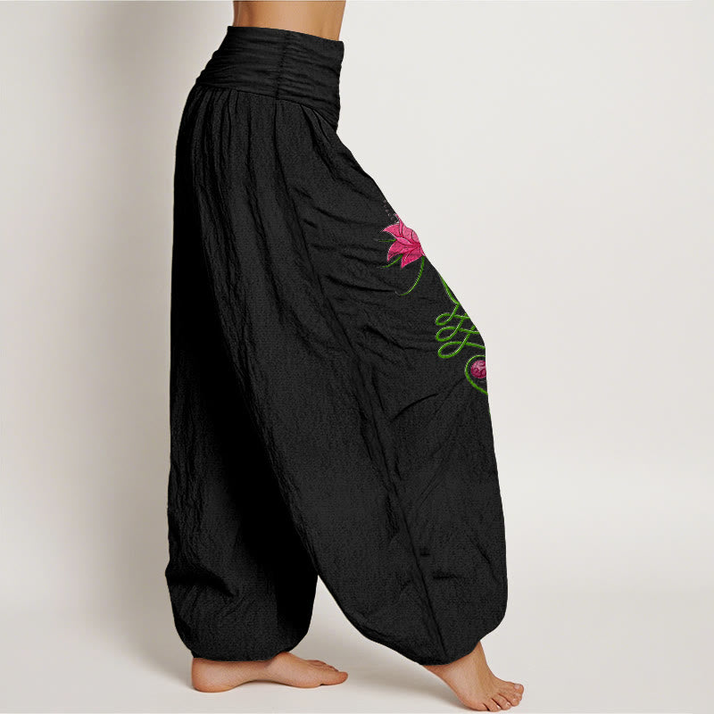 Pantalon harem femme en pur coton à motif de fleurs de lotus et Buddha Stones, taille élastique, couleurs contrastées. - image 2