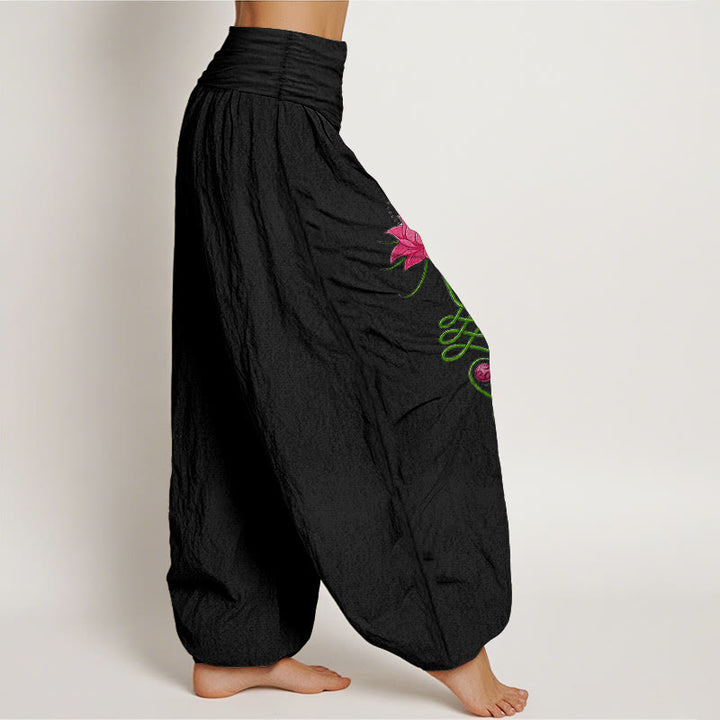 Pantalon harem femme en pur coton à motif de fleurs de lotus et Buddha Stones, taille élastique, couleurs contrastées. - image 2
