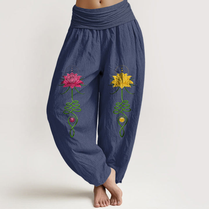 Pantalon harem femme en pur coton à motif de fleurs de lotus et Buddha Stones, taille élastique, couleurs contrastées. - Bleu ardoise foncé - US16，UK/AU20，EU48 (3XL) - image 5