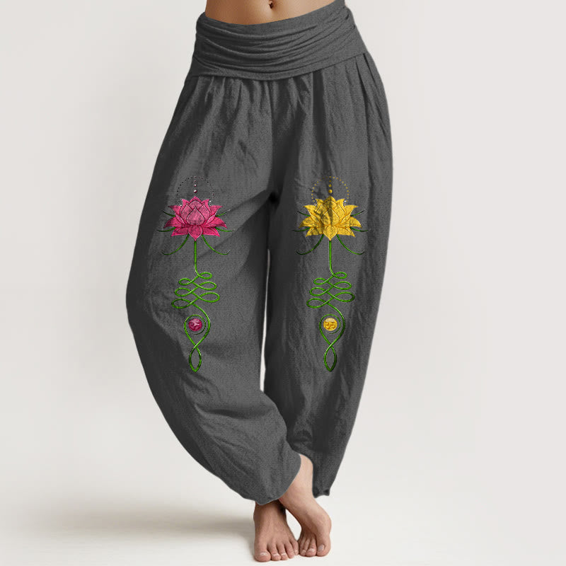 Pantalon harem femme en pur coton à motif de fleurs de lotus et Buddha Stones, taille élastique, couleurs contrastées. - Gris sombre - US16，UK/AU20，EU48 (3XL) - image 8