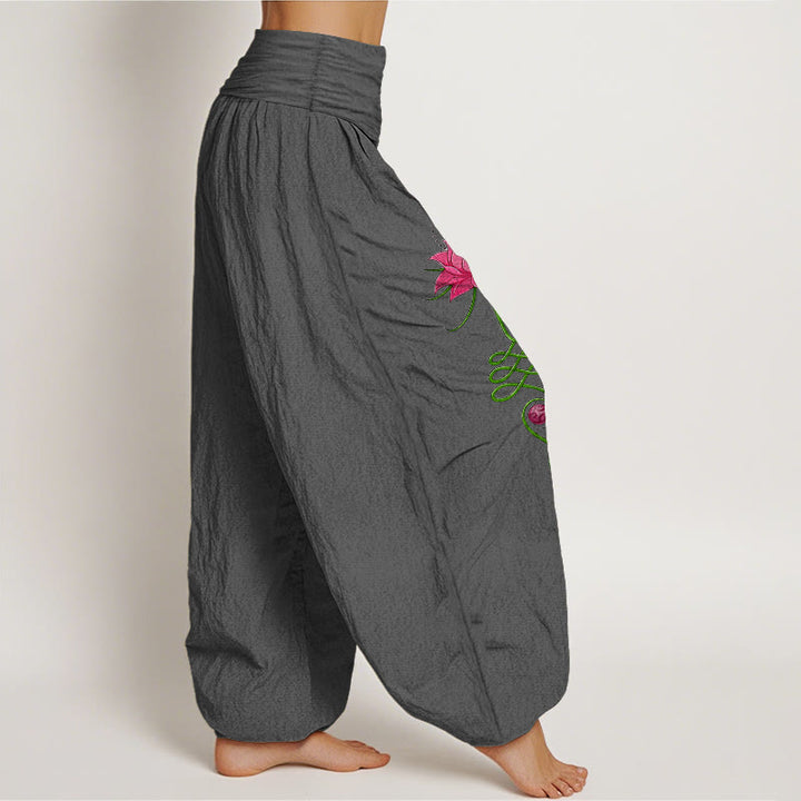 Pantalon harem femme en pur coton à motif de fleurs de lotus et Buddha Stones, taille élastique, couleurs contrastées. - image 10