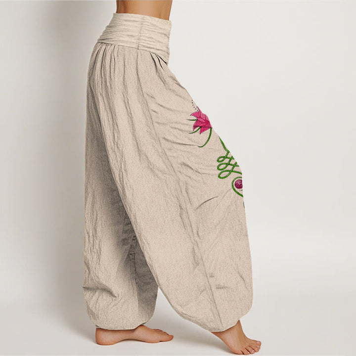 Pantalon harem femme en pur coton à motif de fleurs de lotus et Buddha Stones, taille élastique, couleurs contrastées. - image 13