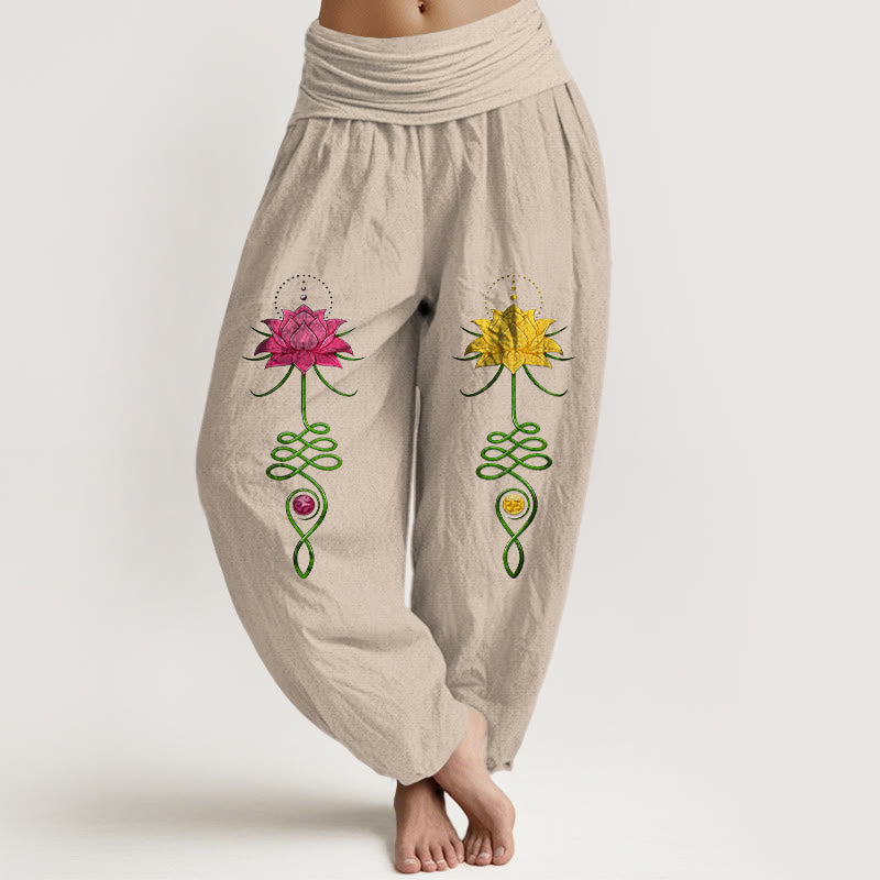 Pantalon harem femme en pur coton à motif de fleurs de lotus et Buddha Stones, taille élastique, couleurs contrastées. - Tanné - US16，UK/AU20，EU48 (3XL) - image 11