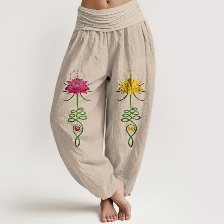 Pantalon harem femme en pur coton à motif de fleurs de lotus et Buddha Stones, taille élastique, couleurs contrastées. - Tanné - US16，UK/AU20，EU48 (3XL) - image 11
