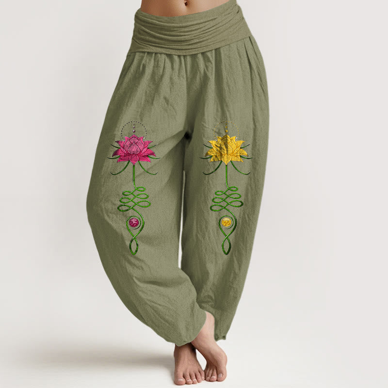 Pantalon harem femme en pur coton à motif de fleurs de lotus et Buddha Stones, taille élastique, couleurs contrastées. - Vert olive - US16，UK/AU20，EU48 (3XL) - image 14