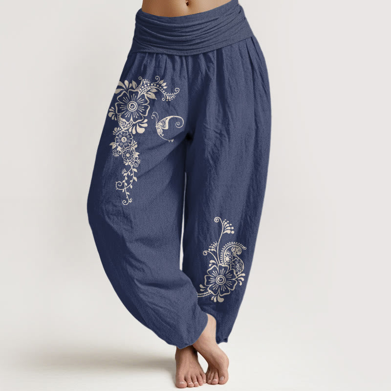 Pantalon harem pour femme en pur coton, motif fleurs, papillons et vigne, taille élastique, Buddha Stones - Bleu ardoise foncé - US16，UK/AU20，EU48 (3XL) - image 0
