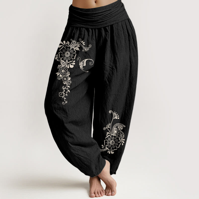 Pantalon harem pour femme en pur coton, motif fleurs, papillons et vigne, taille élastique, Buddha Stones - Noir - US16，UK/AU20，EU48 (3XL) - image 5