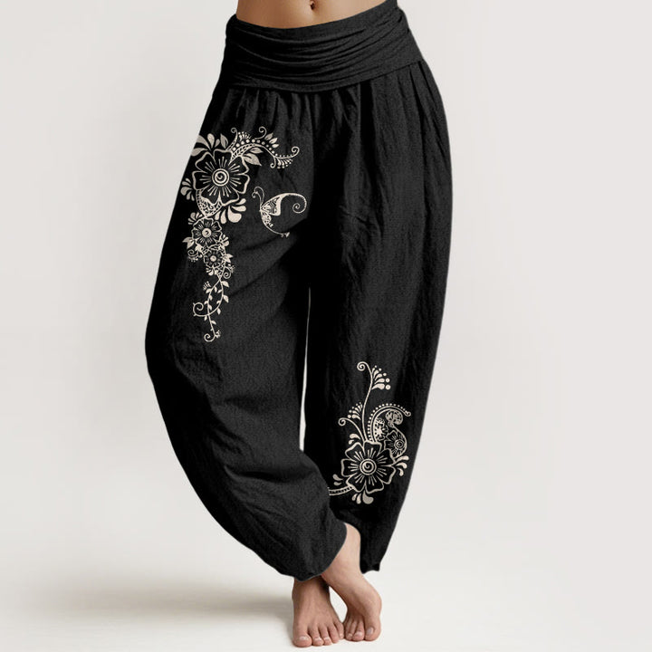 Pantalon harem pour femme en pur coton, motif fleurs, papillons et vigne, taille élastique, Buddha Stones - Noir - US16，UK/AU20，EU48 (3XL) - image 5