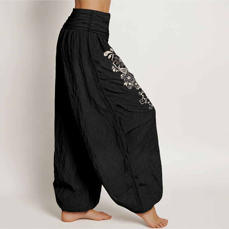 Pantalon harem pour femme en pur coton, motif fleurs, papillons et vigne, taille élastique, Buddha Stones - image 7