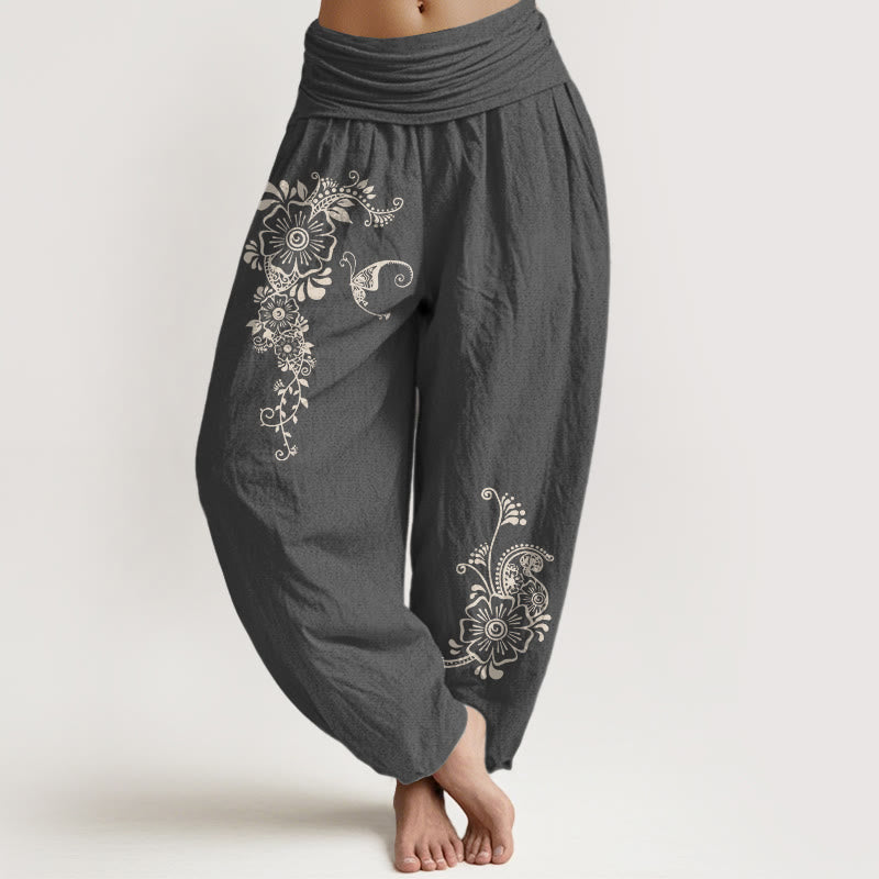 Pantalon harem pour femme en pur coton, motif fleurs, papillons et vigne, taille élastique, Buddha Stones - Gris sombre - US16，UK/AU20，EU48 (3XL) - image 8