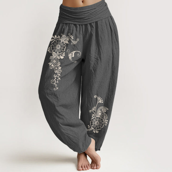 Pantalon harem pour femme en pur coton, motif fleurs, papillons et vigne, taille élastique, Buddha Stones - Gris sombre - US16，UK/AU20，EU48 (3XL) - image 8