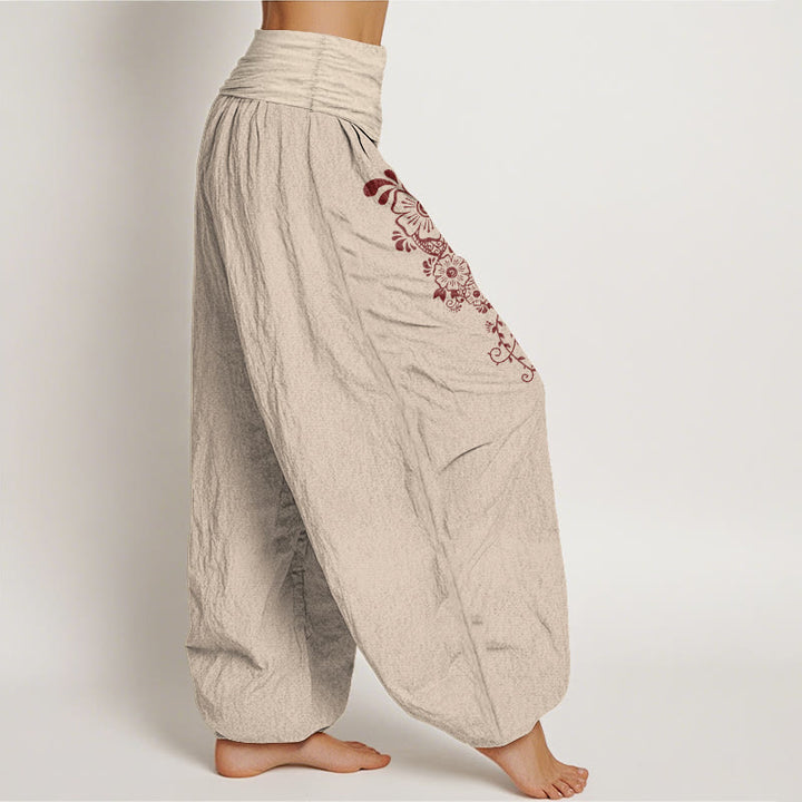 Pantalon harem pour femme en pur coton, motif fleurs, papillons et vigne, taille élastique, Buddha Stones - image 13