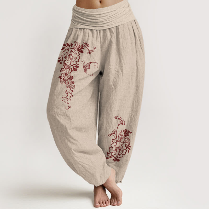 Pantalon harem pour femme en pur coton, motif fleurs, papillons et vigne, taille élastique, Buddha Stones - Tanné - US16，UK/AU20，EU48 (3XL) - image 11