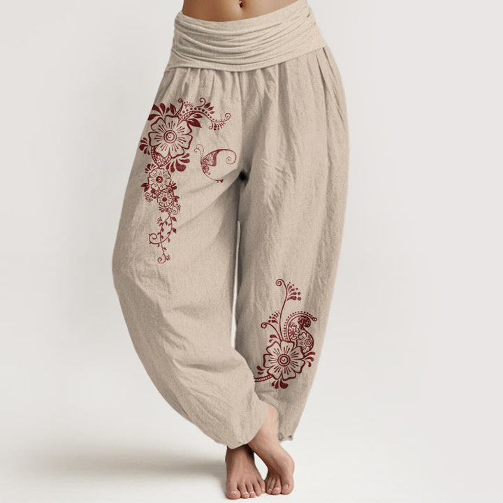 Pantalon harem pour femme en pur coton, motif fleurs, papillons et vigne, taille élastique, Buddha Stones - Tanné - US16，UK/AU20，EU48 (3XL) - image 11