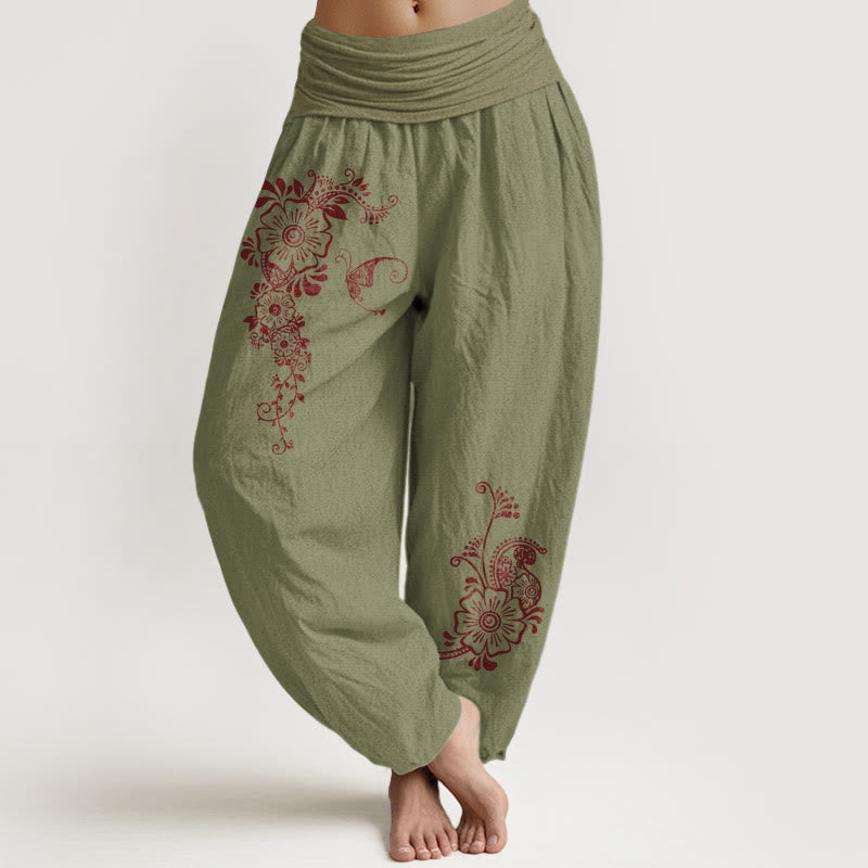 Pantalon harem pour femme en pur coton, motif fleurs, papillons et vigne, taille élastique, Buddha Stones - Vert olive - US16，UK/AU20，EU48 (3XL) - image 14