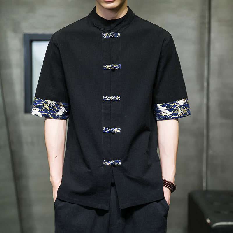 Chemise homme blanche à manches courtes en coton et lin, motif grue, col montant et boutons brandebourg, couleur unie Buddha Stones - Noir - US/UK/AU46，EU56 (5XL) - image 0