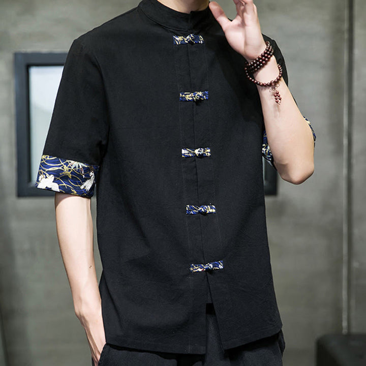 Chemise homme blanche à manches courtes en coton et lin, motif grue, col montant et boutons brandebourg, couleur unie Buddha Stones - image 4