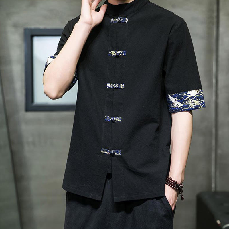 Chemise homme blanche à manches courtes en coton et lin, motif grue, col montant et boutons brandebourg, couleur unie Buddha Stones - image 2