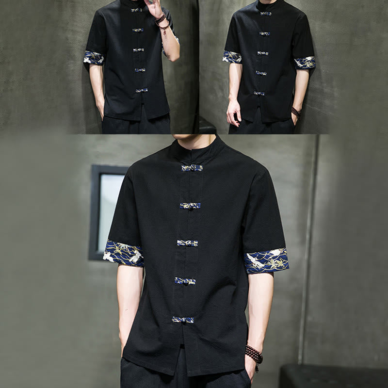 Chemise homme blanche à manches courtes en coton et lin, motif grue, col montant et boutons brandebourg, couleur unie Buddha Stones - image 8