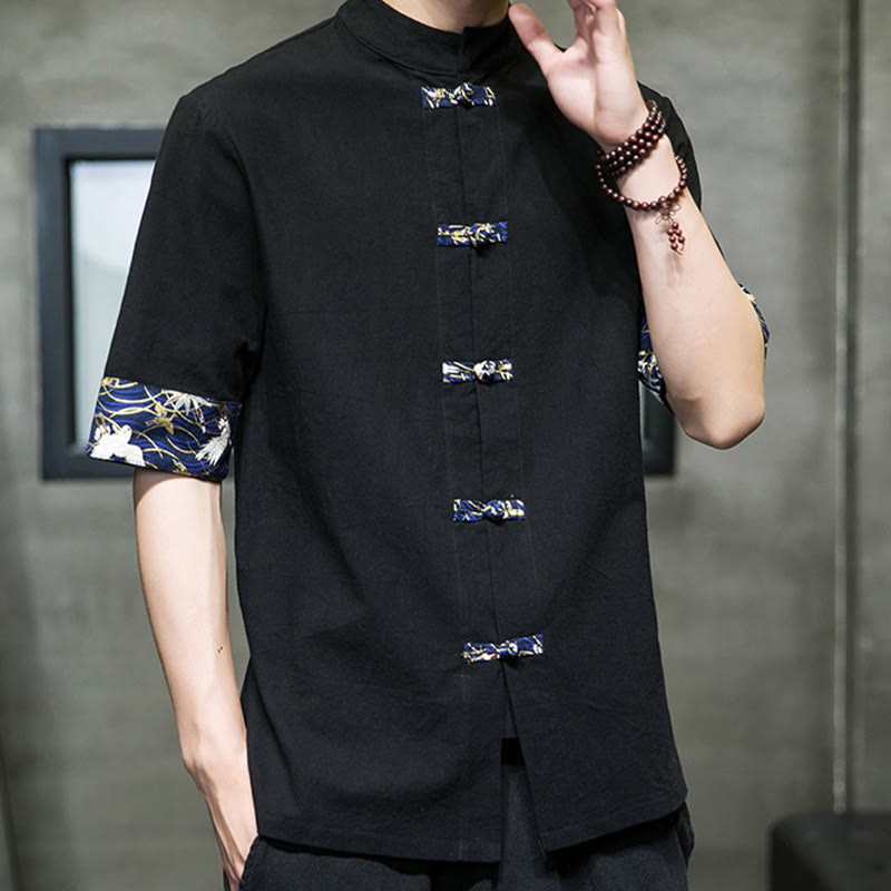 Chemise blanche à manches courtes en coton, motif grue, col montant et boutons grenouille, couleur unie Buddha Stones - image 4