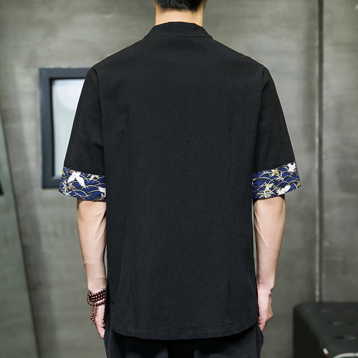 Chemise homme blanche à manches courtes en coton et lin, motif grue, col montant et boutons brandebourg, couleur unie Buddha Stones - image 3