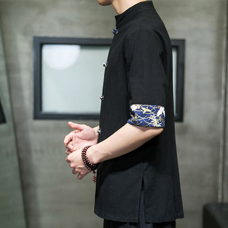 Chemise blanche à manches courtes en coton, motif grue, col montant et boutons grenouille, couleur unie Buddha Stones - image 6