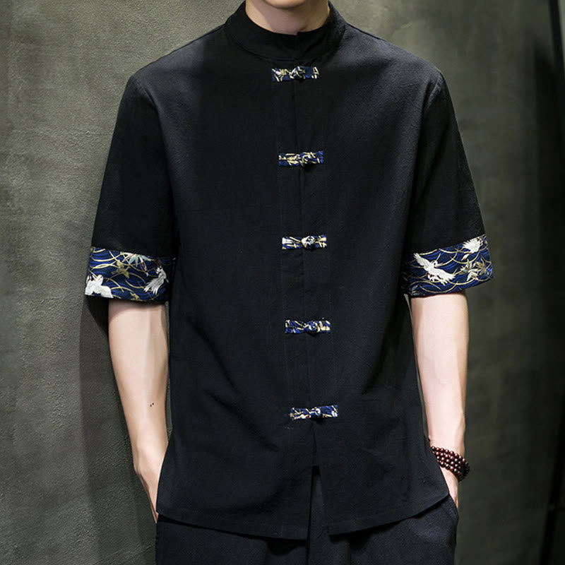 Chemise blanche à manches courtes en coton, motif grue, col montant et boutons grenouille, couleur unie Buddha Stones - image 1