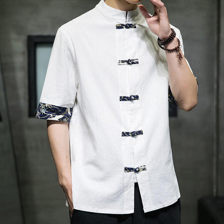 Chemise blanche à manches courtes en coton, motif grue, col montant et boutons grenouille, couleur unie Buddha Stones - image 10