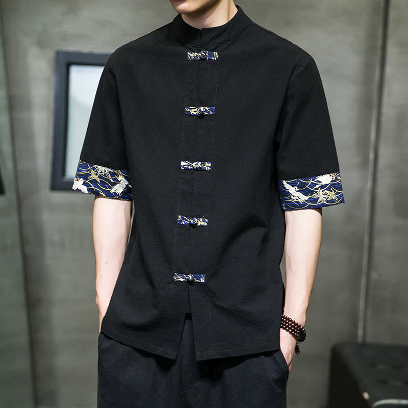 Chemise homme blanche à manches courtes en coton et lin, motif grue, col montant et boutons brandebourg, couleur unie Buddha Stones - image 5