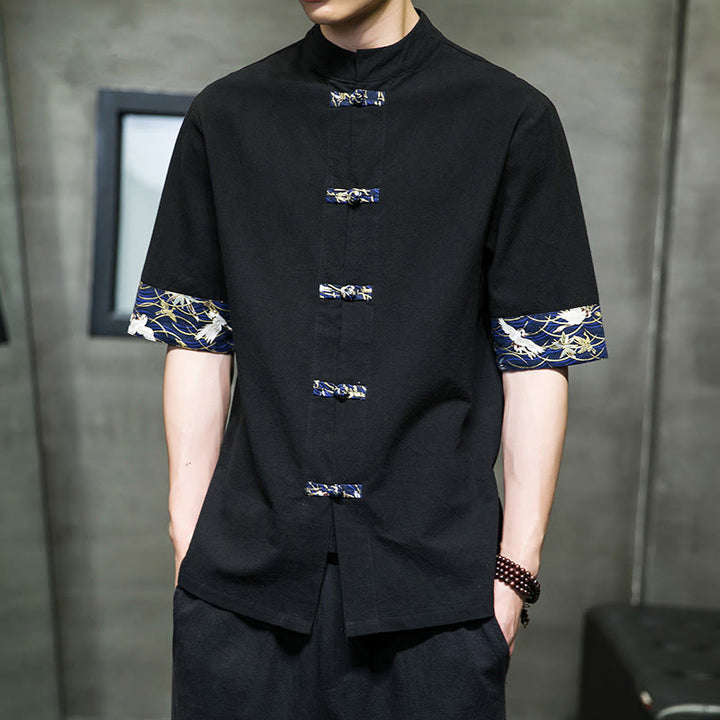 Chemise homme blanche à manches courtes en coton et lin, motif grue, col montant et boutons brandebourg, couleur unie Buddha Stones - image 5