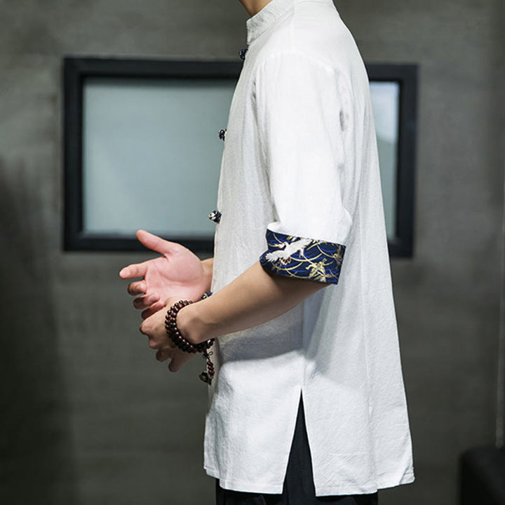 Chemise blanche à manches courtes en coton, motif grue, col montant et boutons grenouille, couleur unie Buddha Stones - image 14