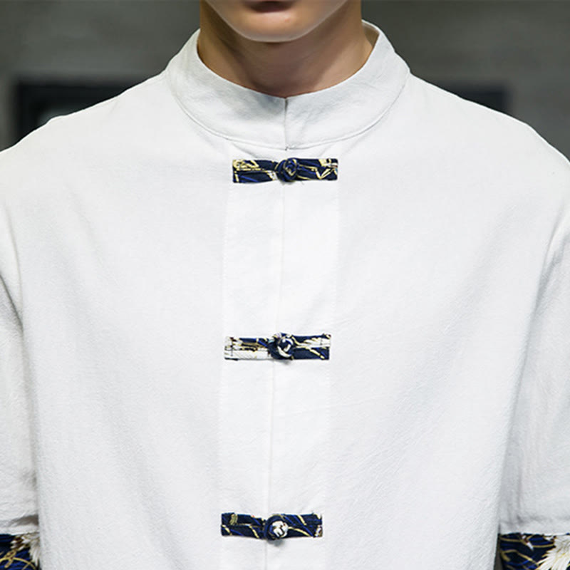 Chemise homme blanche à manches courtes en coton et lin, motif grue, col montant et boutons brandebourg, couleur unie Buddha Stones - image 16