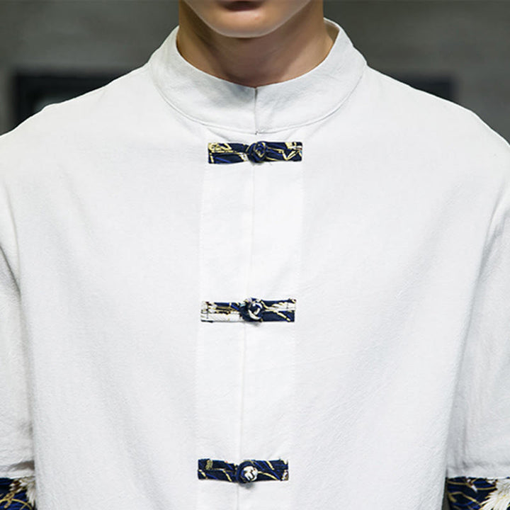 Chemise homme blanche à manches courtes en coton et lin, motif grue, col montant et boutons brandebourg, couleur unie Buddha Stones - image 16