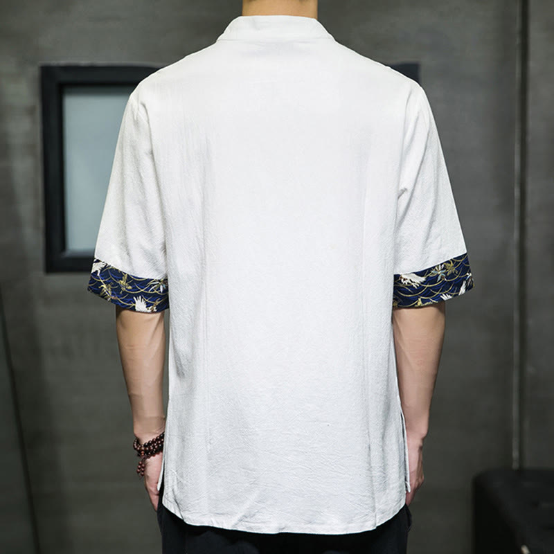 Chemise homme blanche à manches courtes en coton et lin, motif grue, col montant et boutons brandebourg, couleur unie Buddha Stones - image 12