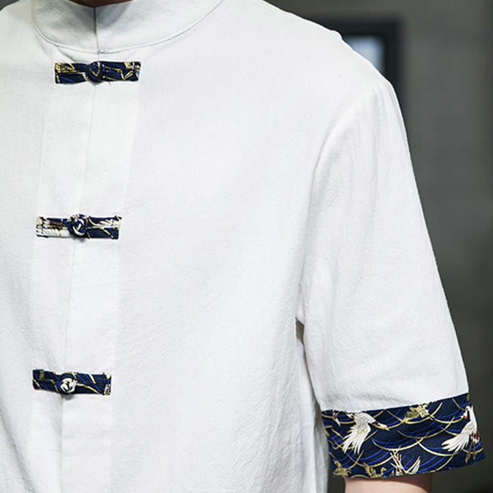 Chemise blanche à manches courtes en coton, motif grue, col montant et boutons grenouille, couleur unie Buddha Stones - image 17